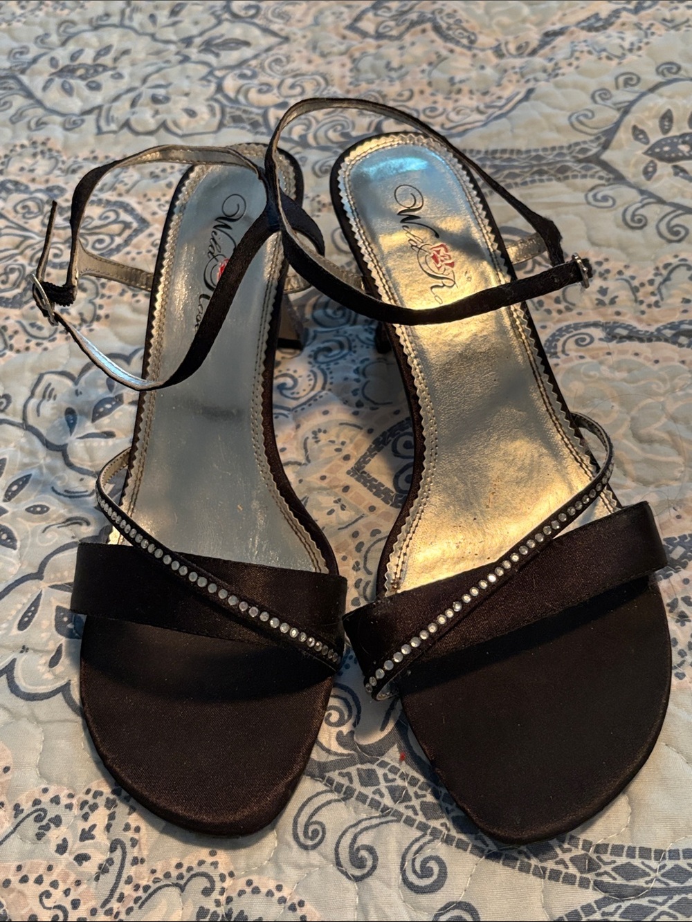 Wild Rose Black Satin Rhinestone Strap Sandals